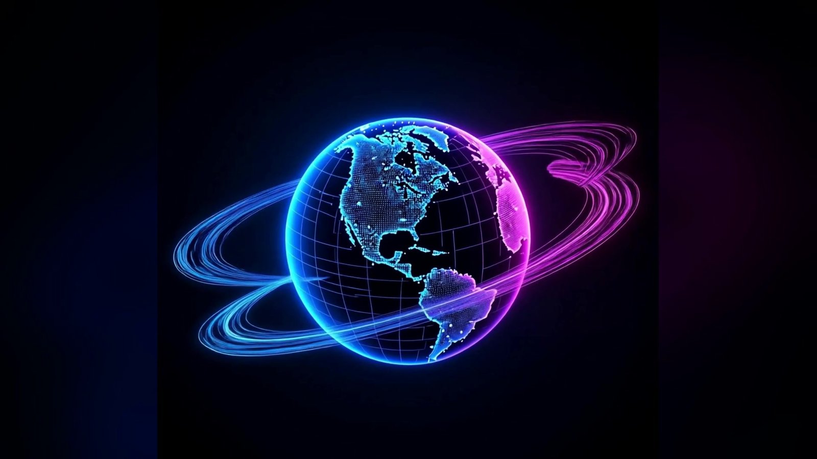 Digital Earth surrounded by cyan and violet intelligence rings